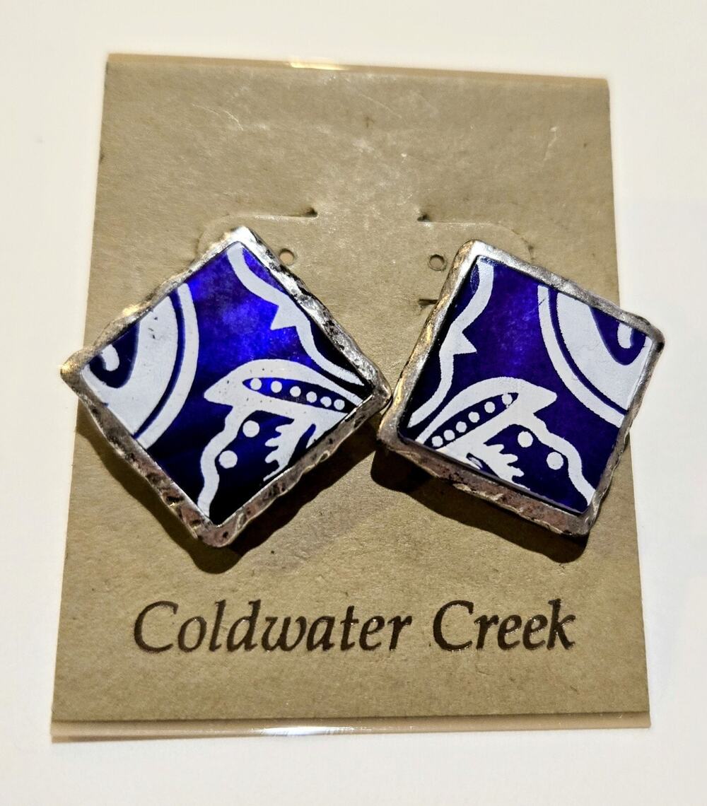 Coldwater Creek Earrings Bohemian Purple White Silver Square Artisan 1 Inch NEW